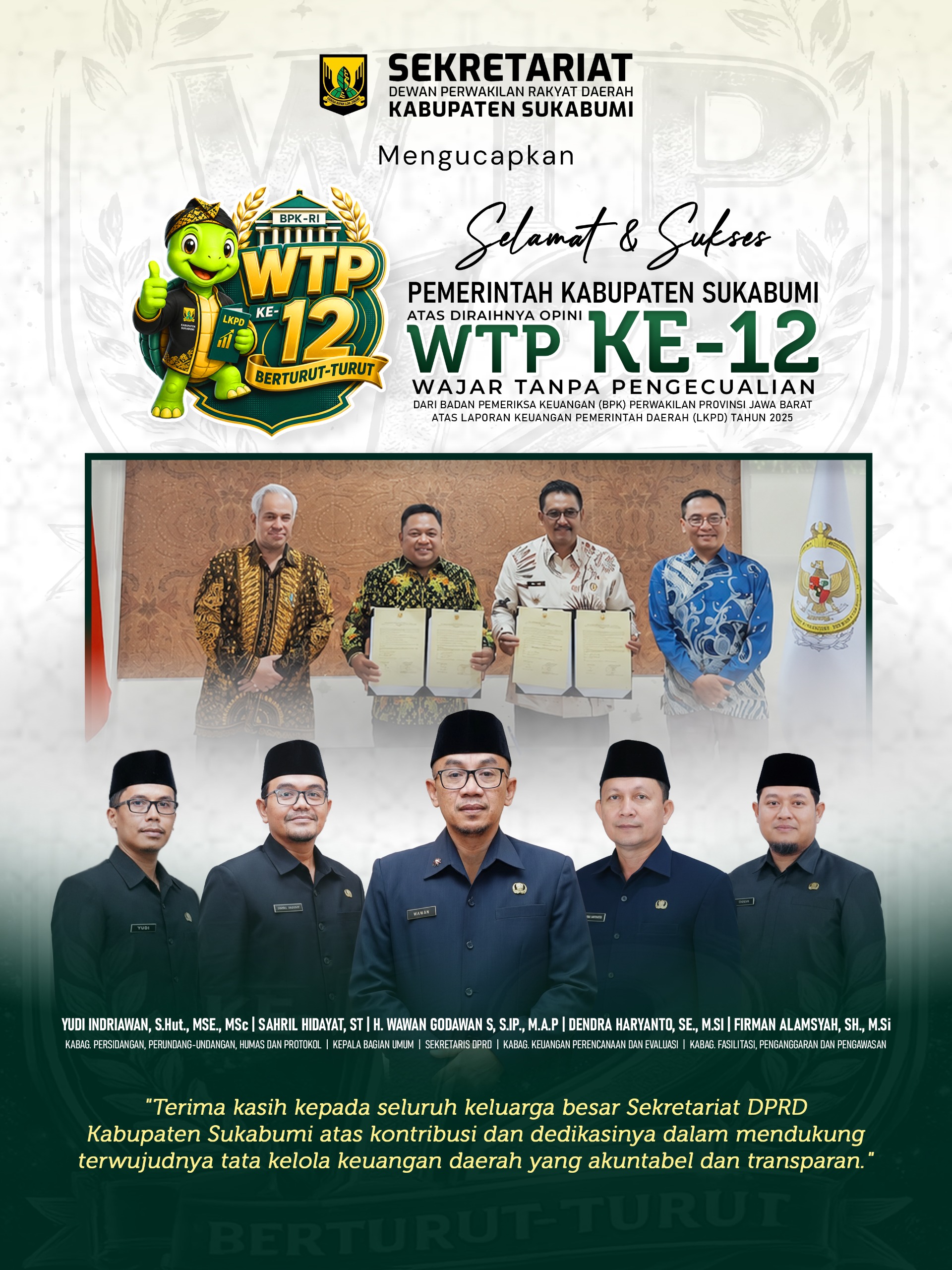 Setwan Mengucapkan Selamat dan Sukses Kepada Pemkab Sukabumi Atas Raihan WTP ke-12